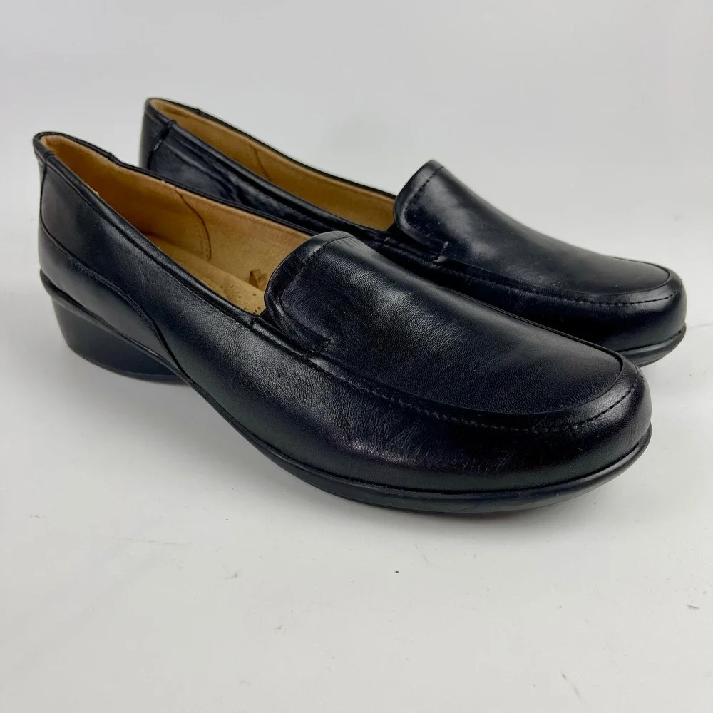 Natural Soul Connor Black Leather Slip On Loafers Womens 8.5 M Comfort Shoes